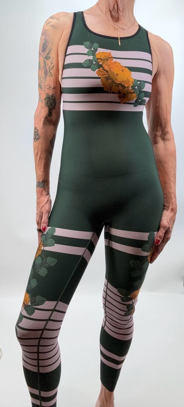 Ultracor Green Pink Floral Stripe Unitard Bodysuit S 🌹